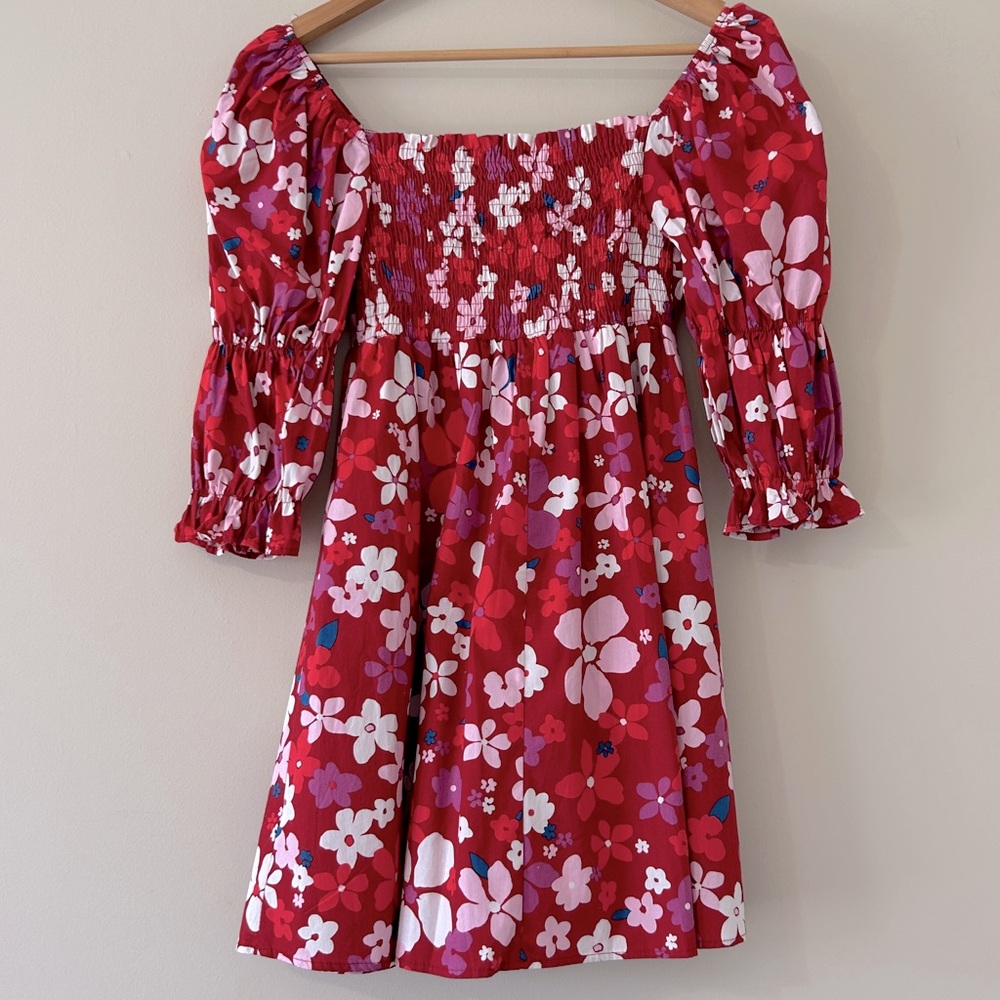 Fore Boho Red Floral Babydoll Dress Large Sweetheart Puff Sleeve 100% Cotton - Picture 5 of 9